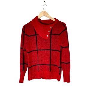 Vintage Adrienne Vittadini Sweater large red Windowpane Collared‎ Button Knit